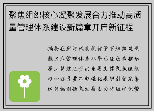 聚焦组织核心凝聚发展合力推动高质量管理体系建设新篇章开启新征程